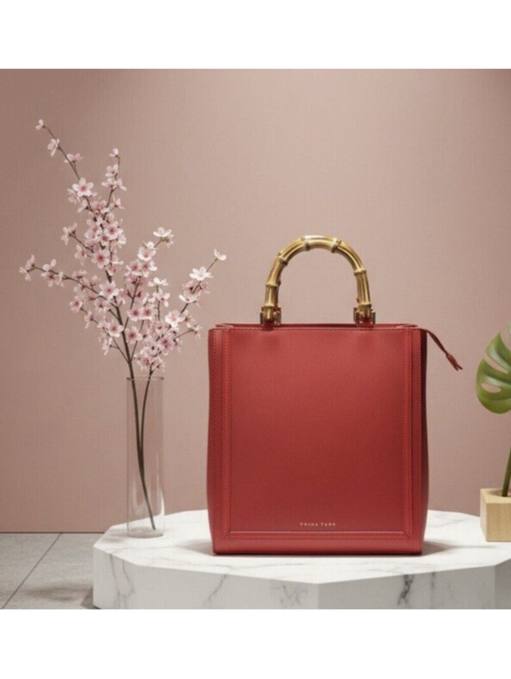 Trina Turk Lux Genuine Leather Handbag Red-Pink Interior-Bamboo Handles CLASS 🔥